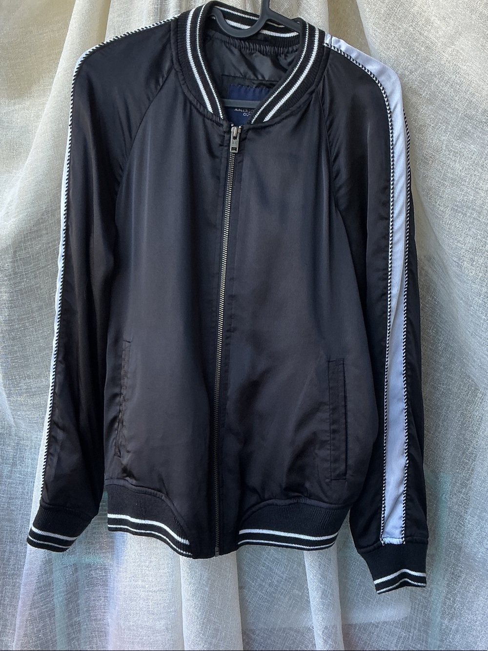 American Eagle Outfitters Black Bomber Jacket with White Stripes